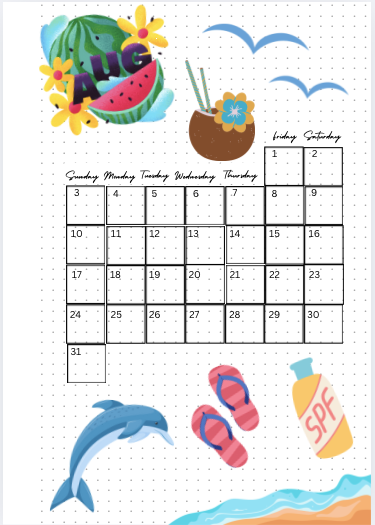 August Monthly Calendar