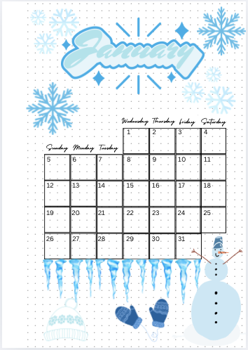 January Monthly Calendar