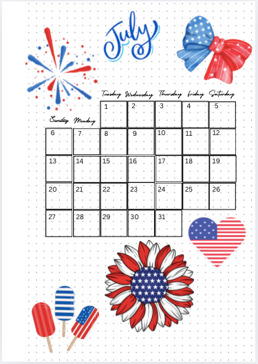 July Monthly Calendar