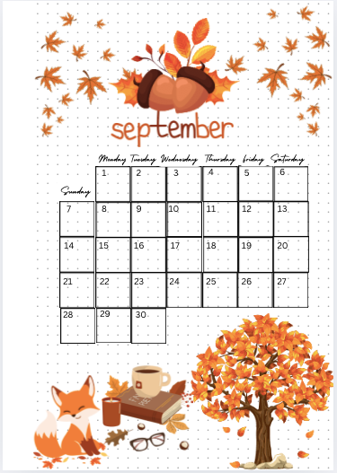 September Monthly Calendar